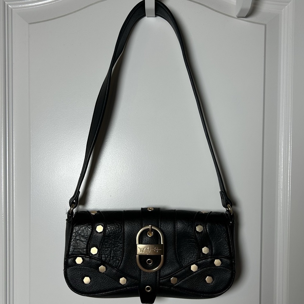 Jessica Simpson Black Pebbled Gold Buckle Baguette Shoulder Bag Y2K Indie Style